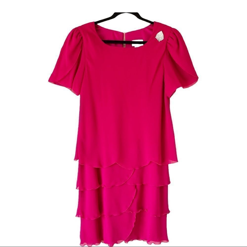 Julian Wilder Hot Pink Short Tulip Sleeve Tiered Ruffle‎ Party Dress Size 14